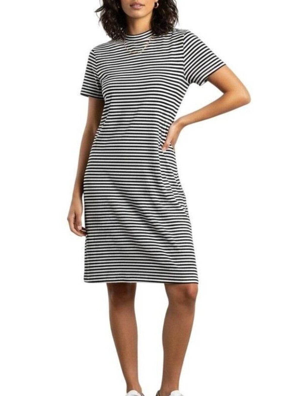 Time and Tru Black & White Striped T-Shirt Dress with Pocket | XS (0–2)